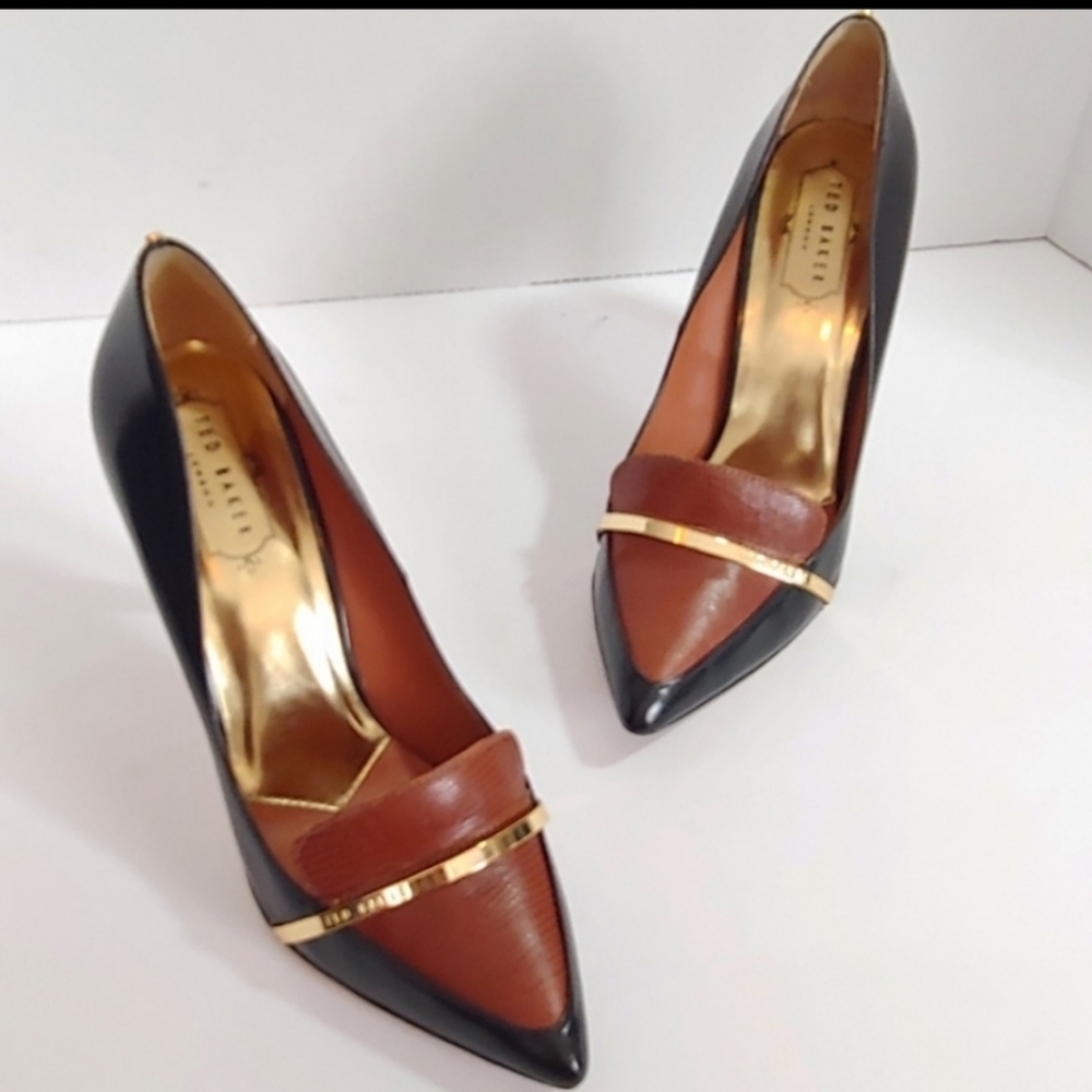 Ted Baker Two-Tone Black and Brown Pointed Toe Heels with Gold Bar - Picture 6 of 12